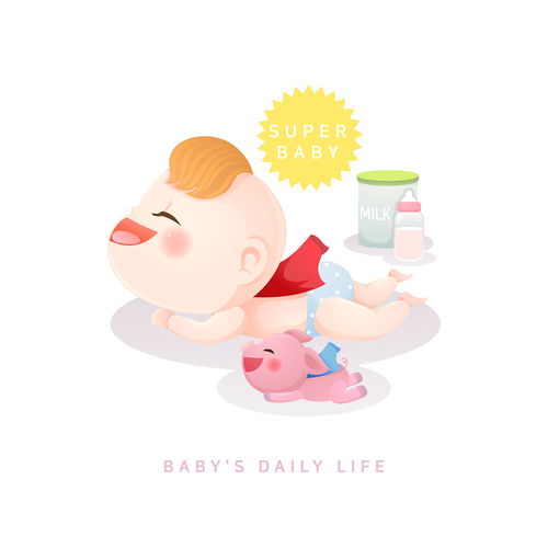 奶粉奶瓶 扮演超人的寶寶和小豬 可愛寶寶插圖插畫設計ai ti087a22207 插畫 親子 溫馨家庭 母親節 女王節 感恩節插畫