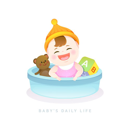 小熊 字母骰子 在藍色澡盆里唱歌的寶寶 可愛寶寶插圖插畫設計ai ti087a22203 插畫 親子 溫馨家庭 母親節 女王節 感恩節插畫