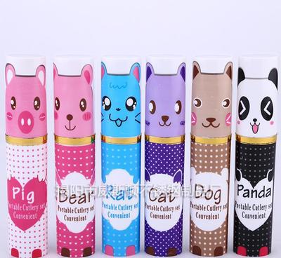 廠家直銷可愛兒童 卡通筆筒式塑料盒 便攜三件套 禮品餐具套裝
